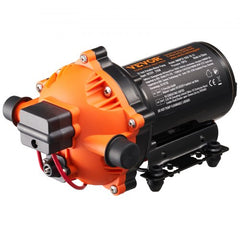 Bostome 12V diaphragm water pump with a plastic body and adjustable pressure switch.