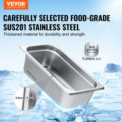 Six 1/3-size stainless steel steam table pans, 4 inches deep, shown stacked.