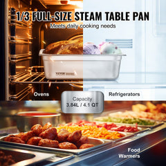 Set of six 1/3 size stainless steel steam table pans, 4 inches deep, in oven and food warmer.