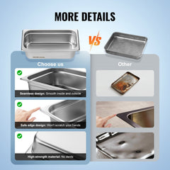 Comparison of seamless stainless steel steam table pan versus a scratched, dented alternative, highlighting smooth edges and high-strength material.