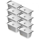 Eight 1/3 size stainless steel hotel pans, 6 inches deep, designed to prevent jamming.