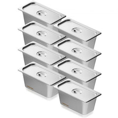 Eight 1/3 size stainless steel hotel pans, 6 inches deep, designed to prevent jamming.