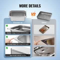 Eight 1/3 size stainless steel hotel pans, each 6 inches deep, designed to prevent jamming.