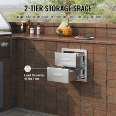 Stainless steel double drawers for outdoor kitchens, featuring a brushed finish and smooth sliding rails.