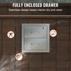 Stainless steel double drawers for outdoor kitchens, featuring a brushed finish and smooth sliding rails.