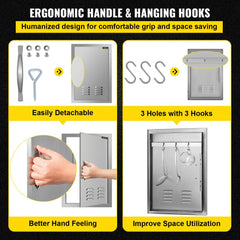 Stainless steel flush mount BBQ door, 14x20 inches, with vents, ergonomic handle, and hanging hooks.
