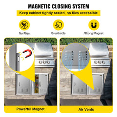 Stainless steel flush mount BBQ door with magnetic latch and air vents.