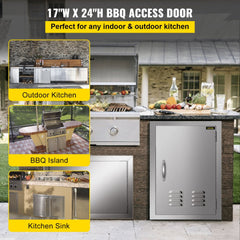 Stainless steel BBQ access door with brushed finish and ergonomic handle for outdoor kitchens.