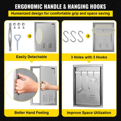 Stainless steel BBQ access door with a brushed finish and ergonomic handle for outdoor kitchens.