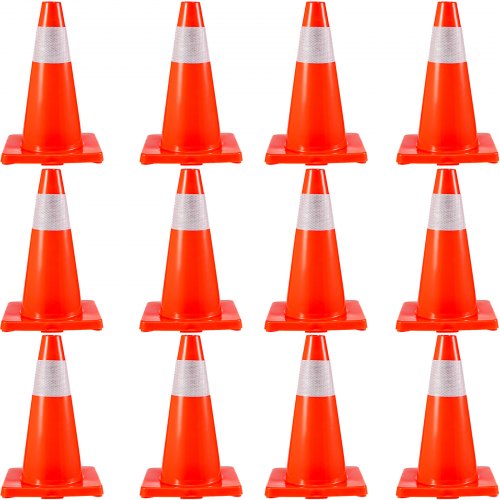 A 12-pack of 18-inch red PVC traffic cones with reflective collars, arranged in a grid.