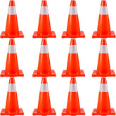 A 12-pack of 18-inch red PVC traffic cones with reflective collars, arranged in a grid.