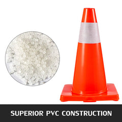 12-pack of 18-inch red PVC traffic cones with reflective collars and white PVC pellets inset.