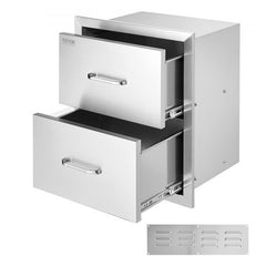 Stainless steel double drawers for outdoor kitchen, featuring smooth sliding rails and ample storage.