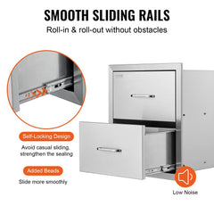 Stainless steel outdoor kitchen BBQ island with double drawers and smooth sliding rails.