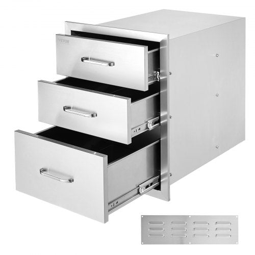 Stainless steel triple BBQ drawers with brushed finish and chrome handle for outdoor kitchens.