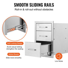 Stainless steel triple BBQ drawers with smooth sliding rails and brushed finish for outdoor kitchens.