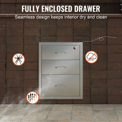 Stainless steel triple BBQ drawers with brushed finish and smooth sliding rails for outdoor kitchens.