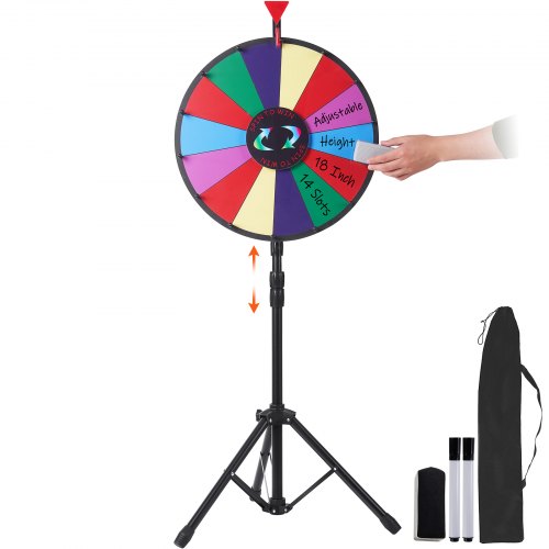 Bostome 18" spinning prize wheel with 14 dry-erase slots and adjustable stand for events.