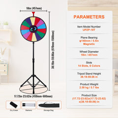 Bostome 18" spinning prize wheel with 14 dry-erase slots and adjustable metal stand.
