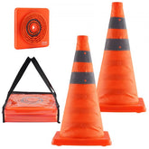 Two 18-inch collapsible traffic cones with reflective safety stripes and a compact storage bag.