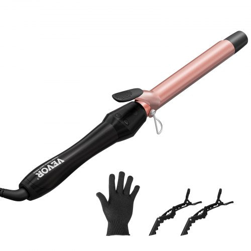 Rose gold 1-inch ceramic curling iron wand with LCD display and heat protection glove.