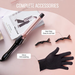 Rose gold 1-inch ceramic curling iron wand with LCD display and heat protection glove.