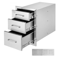 Stainless steel triple outdoor kitchen drawers unit, 14x20.3x23 inches, with smooth-gliding pulls.