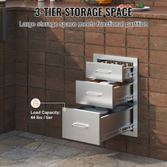 Stainless steel triple outdoor kitchen drawers, 14x20.3x23 inches, with three tiers.