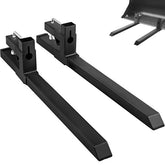 Heavy-duty clamp-on pallet forks for tractors with 2000 lbs load capacity and adjustable stabilizer.