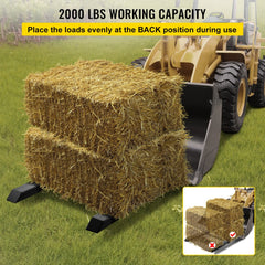Heavy-duty clamp-on pallet forks with 2000 lbs capacity for tractors, featuring adjustable stabilizer bar.