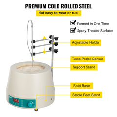 2000ml magnetic stirrer heating mantle with adjustable holder, temp probe, and support stand.