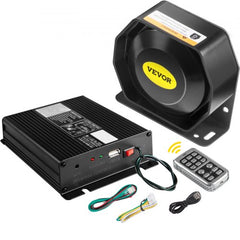 Bostome 200W 18-tone emergency vehicle siren kit with black horn, control box, remote, mic, and wires.