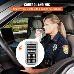 Police officer in vehicle using handheld microphone with control panel for 200W 18-tone siren horn kit.
