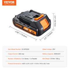 Bostome 20V 2.0Ah lithium-ion battery for power tools, black with orange accents, 4.5 by 2.5 by 2.0 inches.