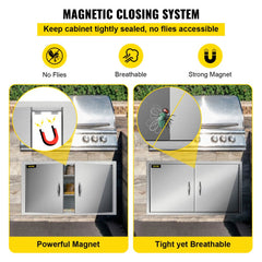 Stainless steel double BBQ access door with magnetic closure and ergonomic handles.