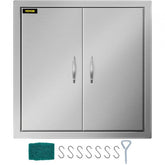Stainless steel double BBQ access door with magnetic closure and detachable handles.
