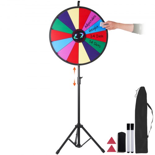 24-inch dry erase prize wheel on adjustable tripod stand with 14 color-coded slots.