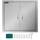 Stainless steel double access doors for outdoor kitchens, featuring ergonomic handles and sturdy hooks.