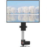 Motorized TV lift with black stand displaying a snowy landscape on a 28-32 inch screen, adjustable height 30.4-50 inches.