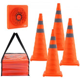 Four 28-inch collapsible traffic cones with reflective collars in bright safety colors.