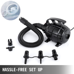 Black electric air pump with hose and nozzles for inflating zorb balls.