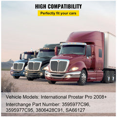 Two cab shock absorbers compatible with International Prostar 2008+ trucks shown with vehicle lineup.