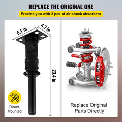 Pair of black cab shock absorbers for truck, shown with dimensions and mounting.
