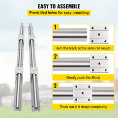 Diagram showing easy assembly of SBR16 linear rail kit with two 1000mm rails and four blocks using pre-drilled holes.