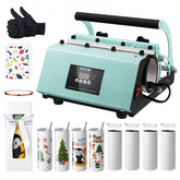 Bostome tumbler heat press machine in teal with black handles, digital display, heat-resistant gloves, blank 20oz tumblers, and accessories.