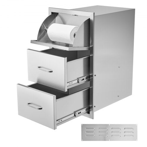Stainless steel outdoor kitchen unit with two drawers and paper towel holder, 17x30x21 inches.