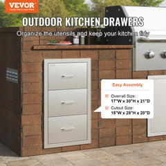 Stainless steel outdoor kitchen double drawers with paper towel holder, 17x30x21 inches.