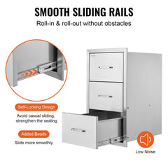 Stainless steel outdoor kitchen double drawers with paper towel holder, 17x30x21 inches.