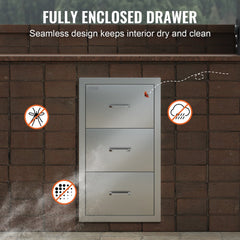 Stainless steel outdoor kitchen double drawer unit with paper towel holder, 17x30x21 inches.