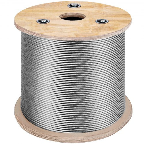 A 500ft coil of 1/8-inch 316 stainless steel 7x7 wire rope on a wooden reel.